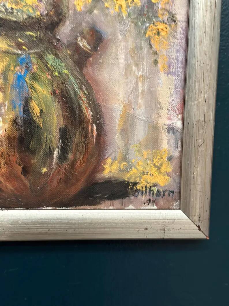 Original Swedish Oil on Canvas – “Vessel with Mimosa” by Monica Gilhorn – Signed – Vintage & Framed – 40 × 31.5 cm (15.7" × 12.4")