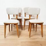 Set of 4 60s chairs in wood and white skai