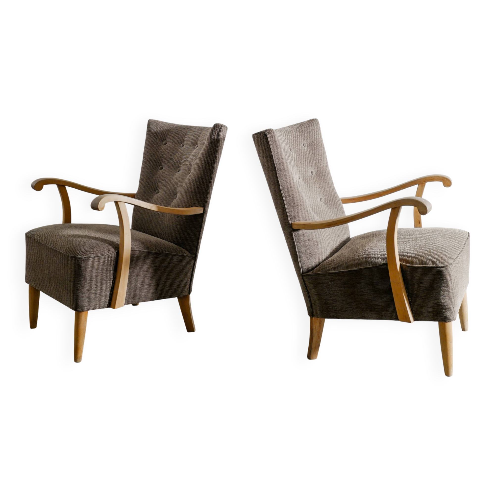 Vintage Swedish Mid Century Modern Wooden Grey Armchairs, 1940s