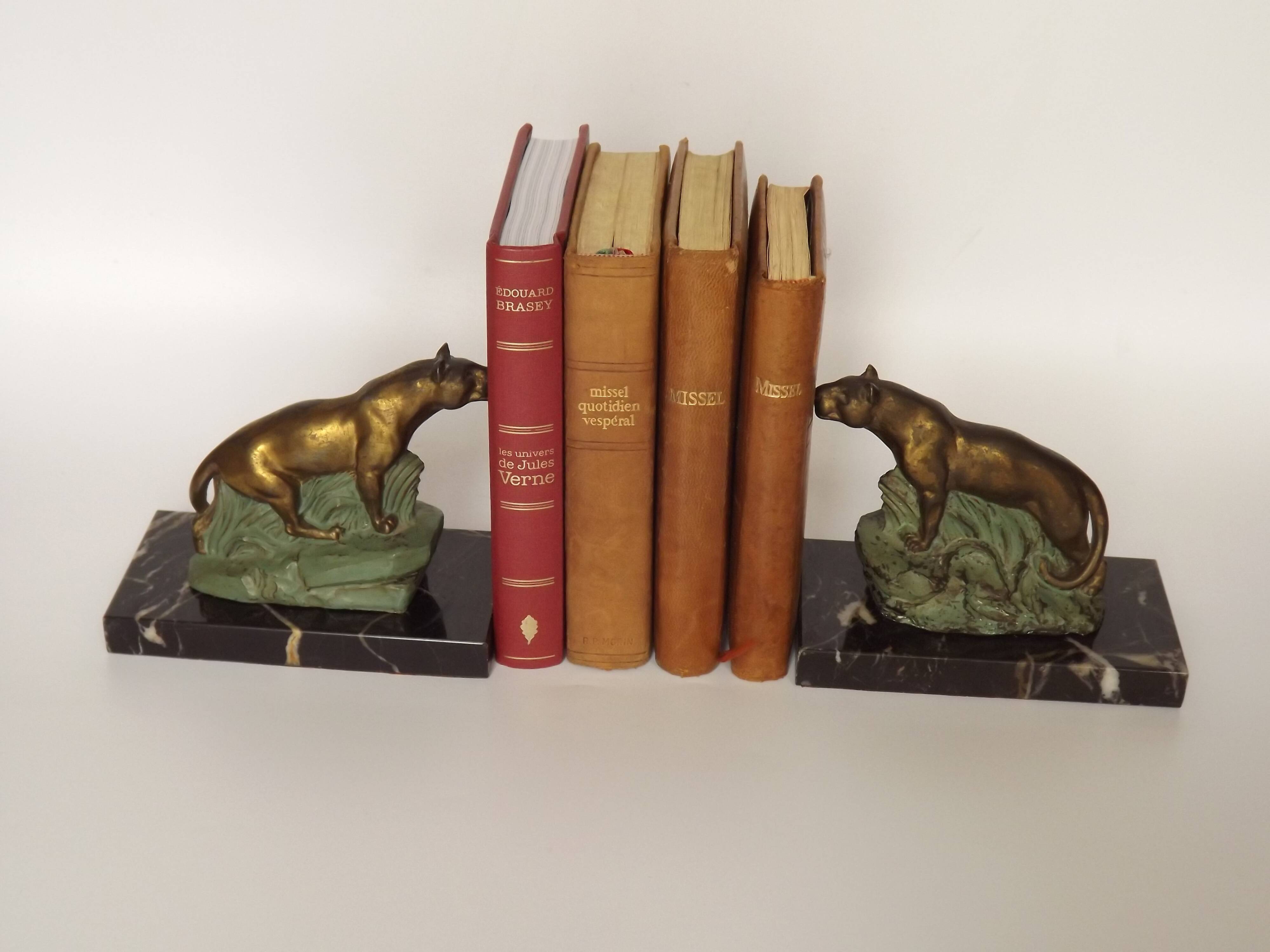 Vintage French Art Deco Panther Book Ends - Marble and Metal Bookends