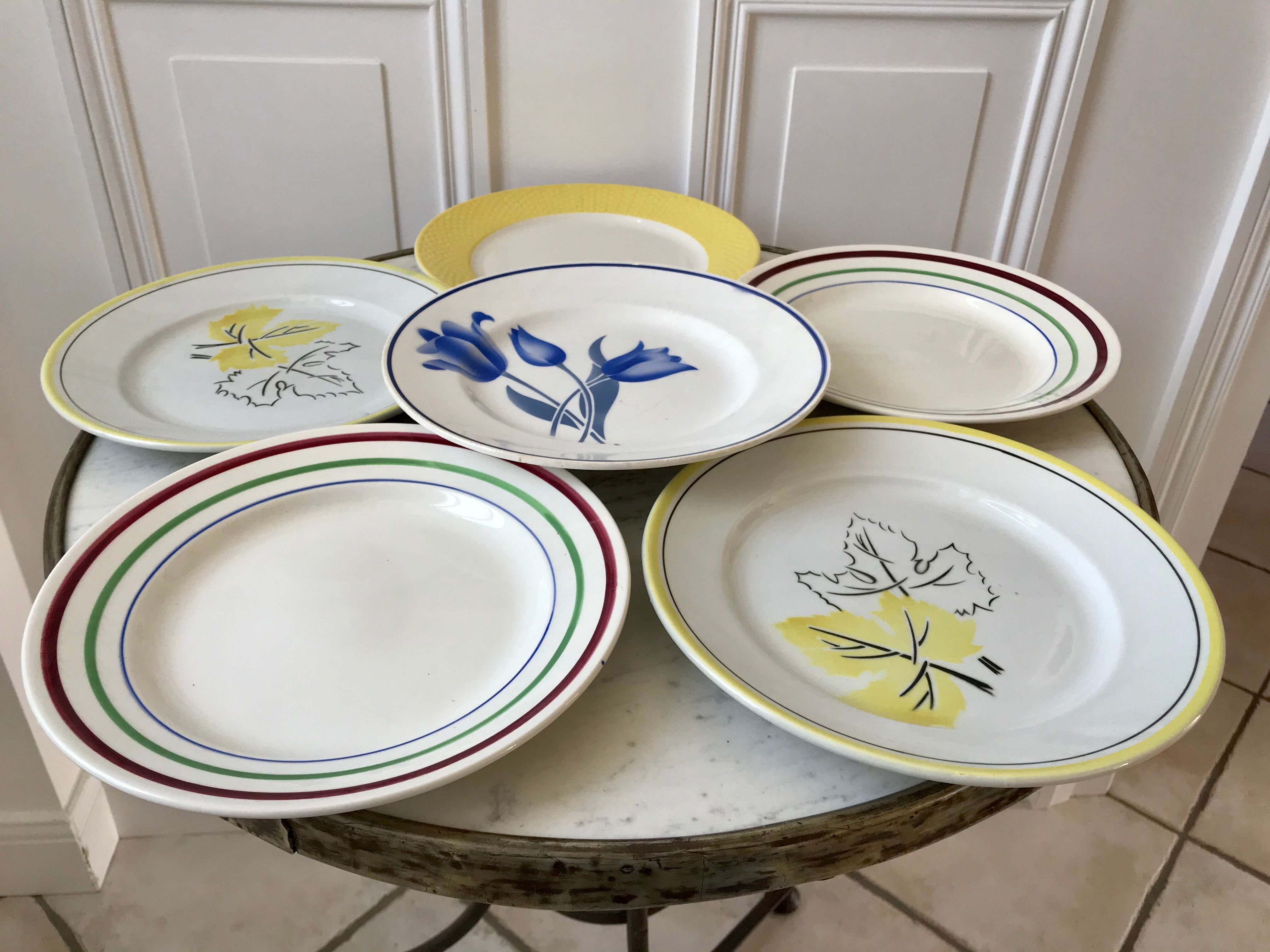 Set of 6 flat plates mismatched Digoin Sarreguemines and Gien years 30-40