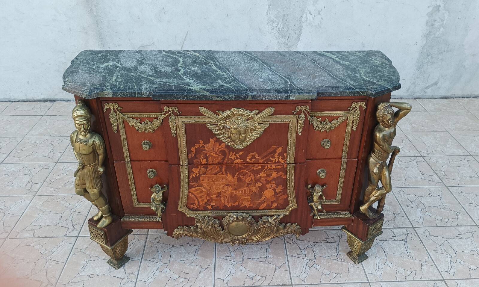 Louis XVI style commode in beech, bronze and marble.