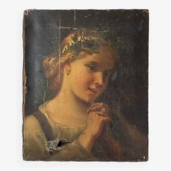 Oil on canvas portrait of young girl with plant crown 19th century