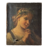 Oil on canvas portrait of young girl with plant crown 19th century