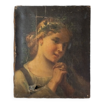Oil on canvas portrait of young girl with plant crown 19th century