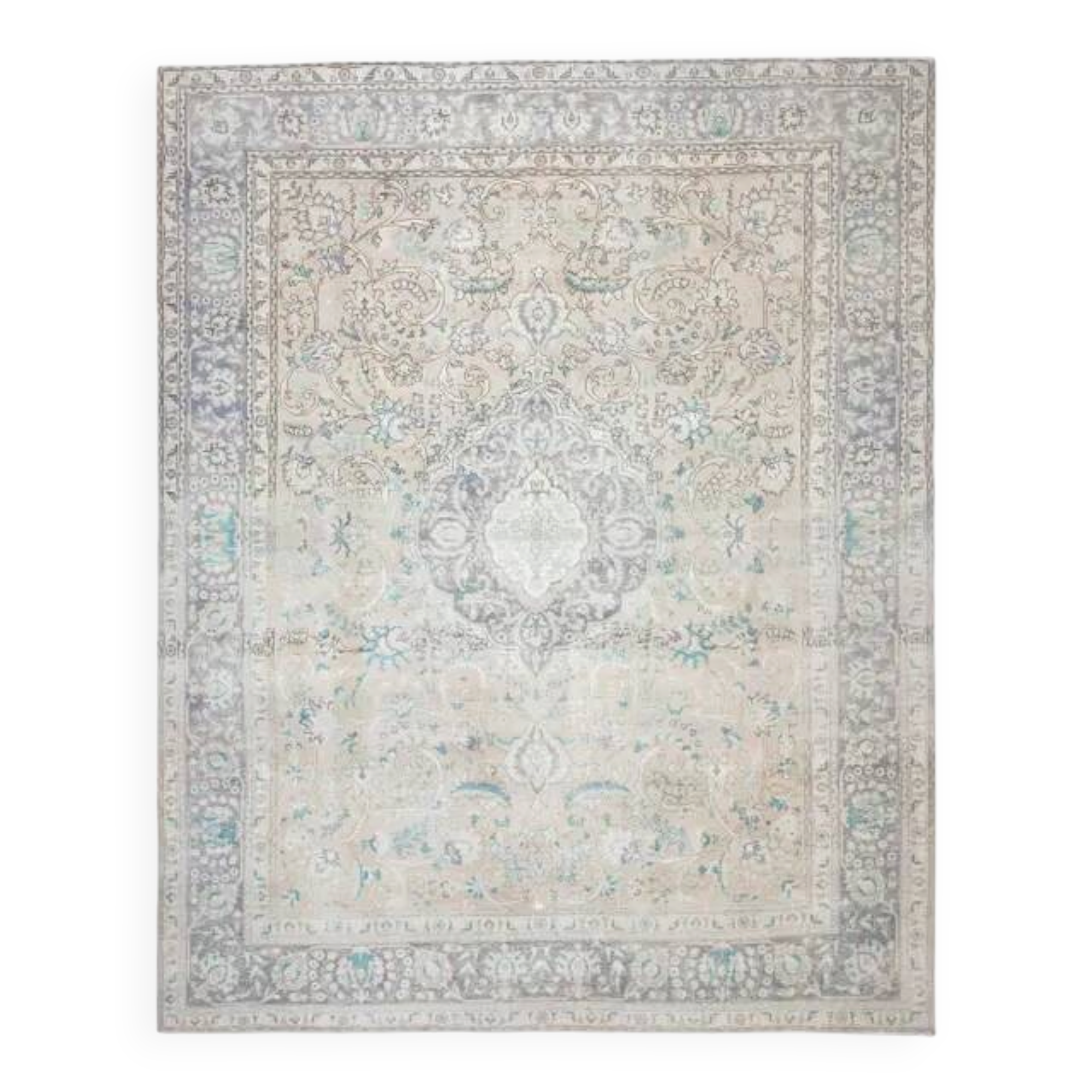 1970s Vintage Persian Handmade Wool Cotton Blue Area Rug 298x384