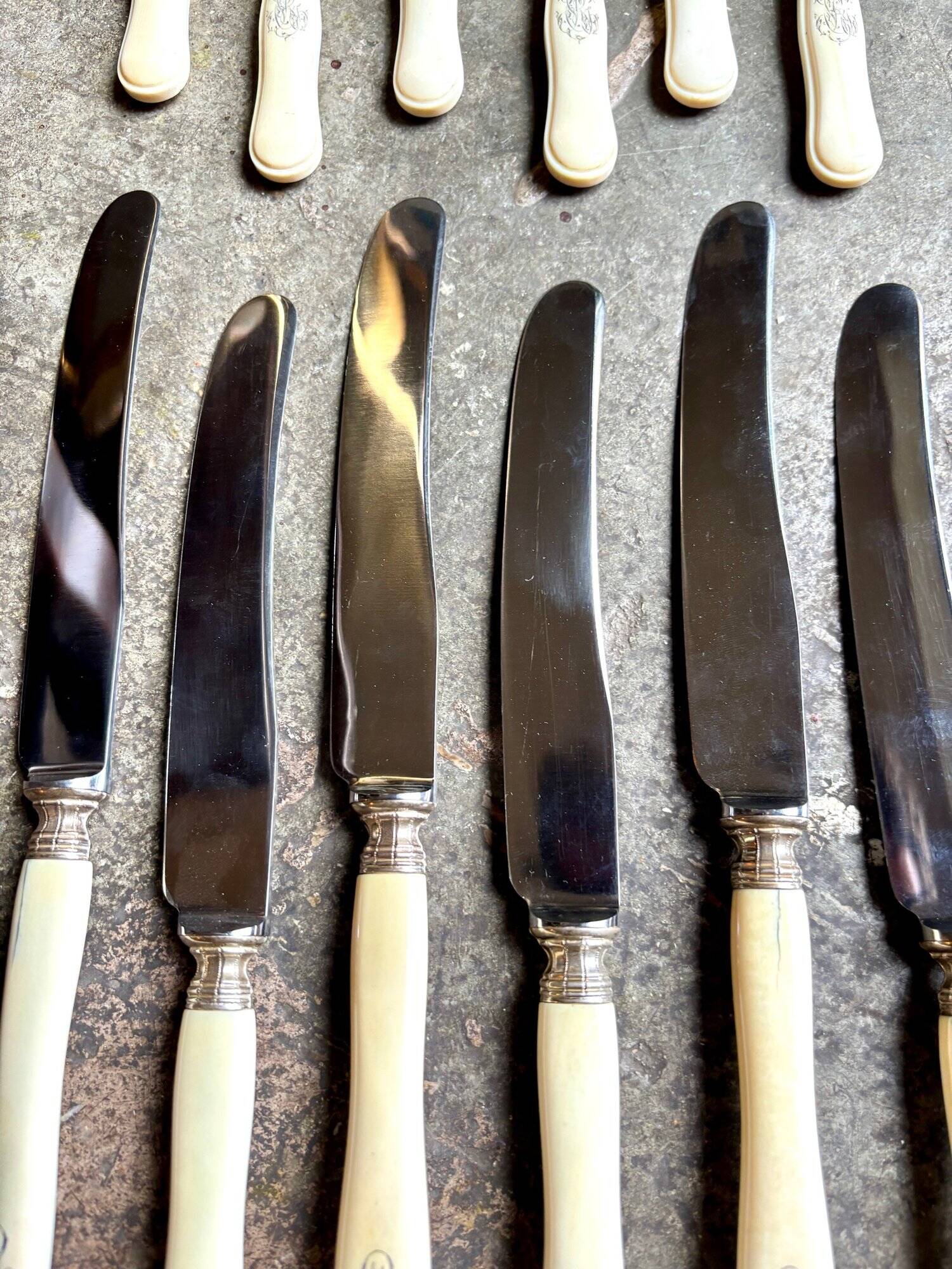 12 stainless steel and monogrammed bone knives