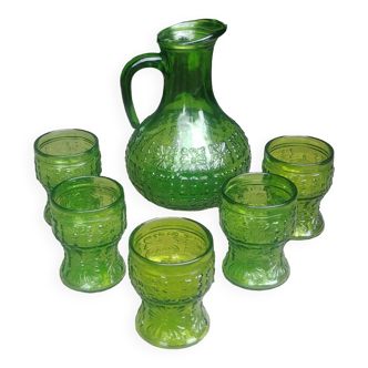 Ensemble d'une carafe et cinq verres à orangeade Fidenza Vetraria Italy de couleur vert Années 60/70