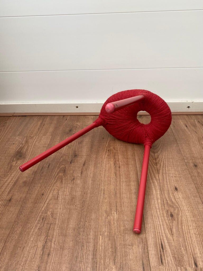 Ikea Red Metal and Wool Three pod Stool, Model Eskilstuna, 1990s