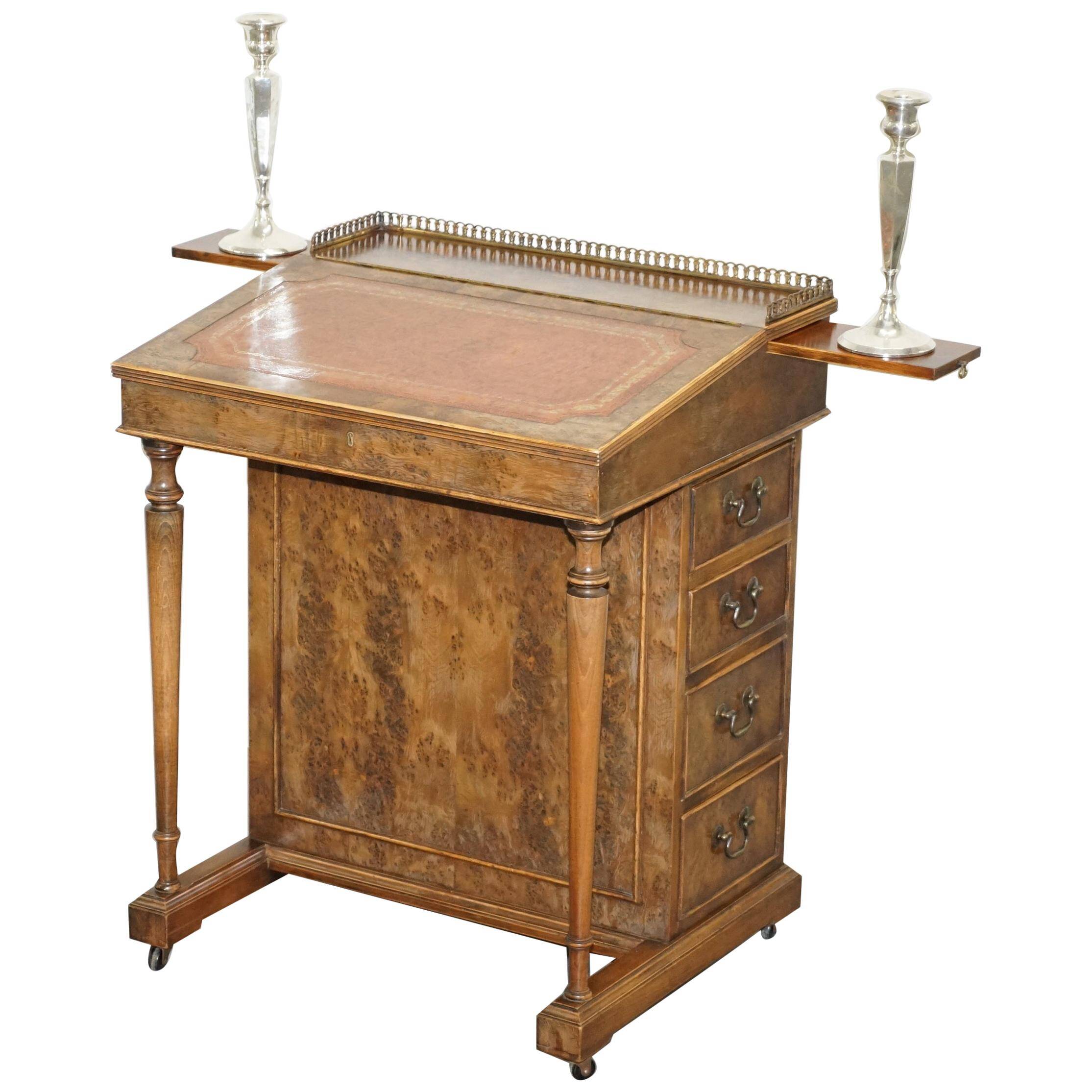 Davenport desk in walnut with leather and vintage brass gallery.