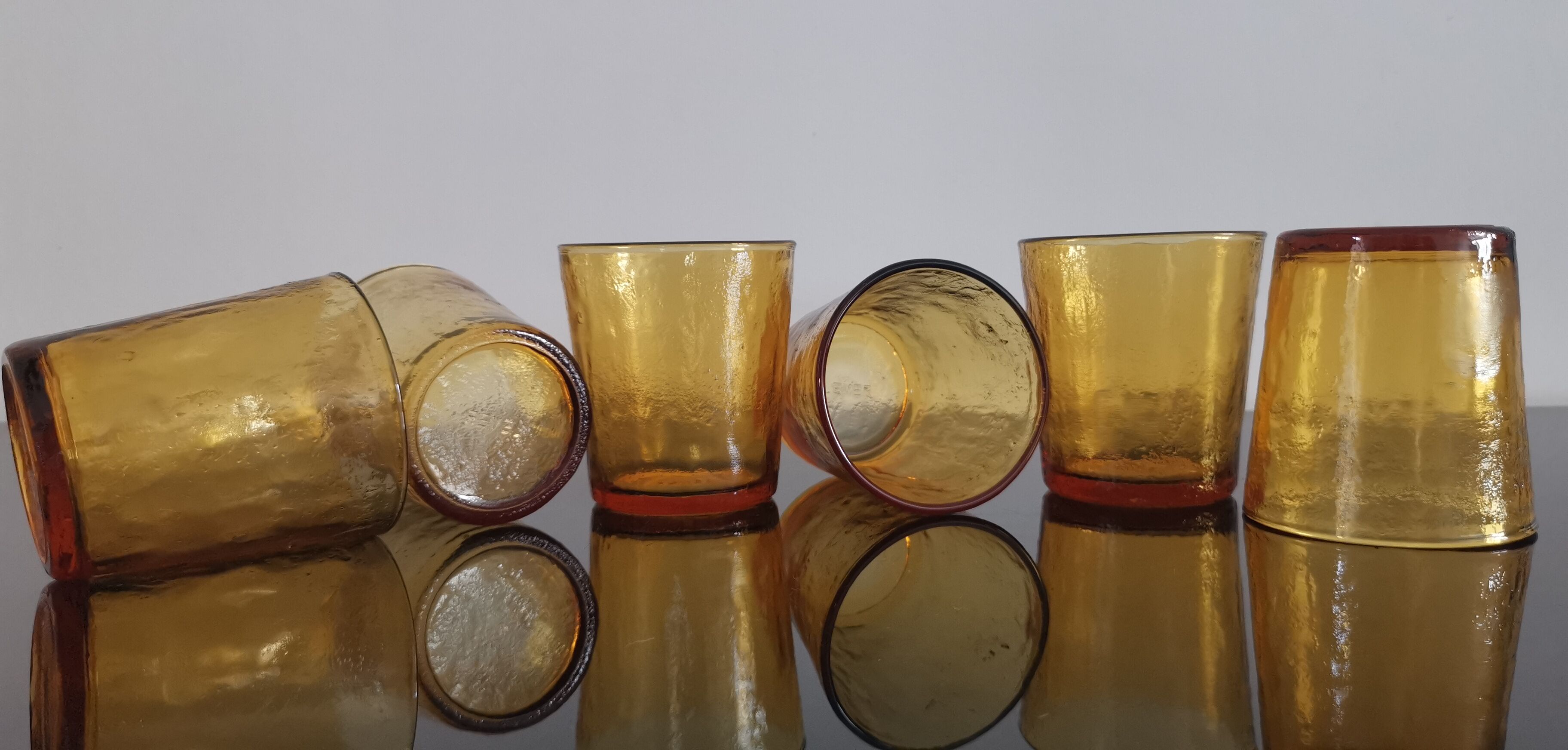 6 old amber colored glasses "lever" year 1970