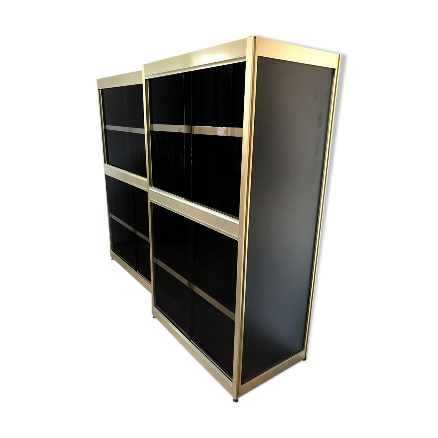 Shelves of black and gold windows