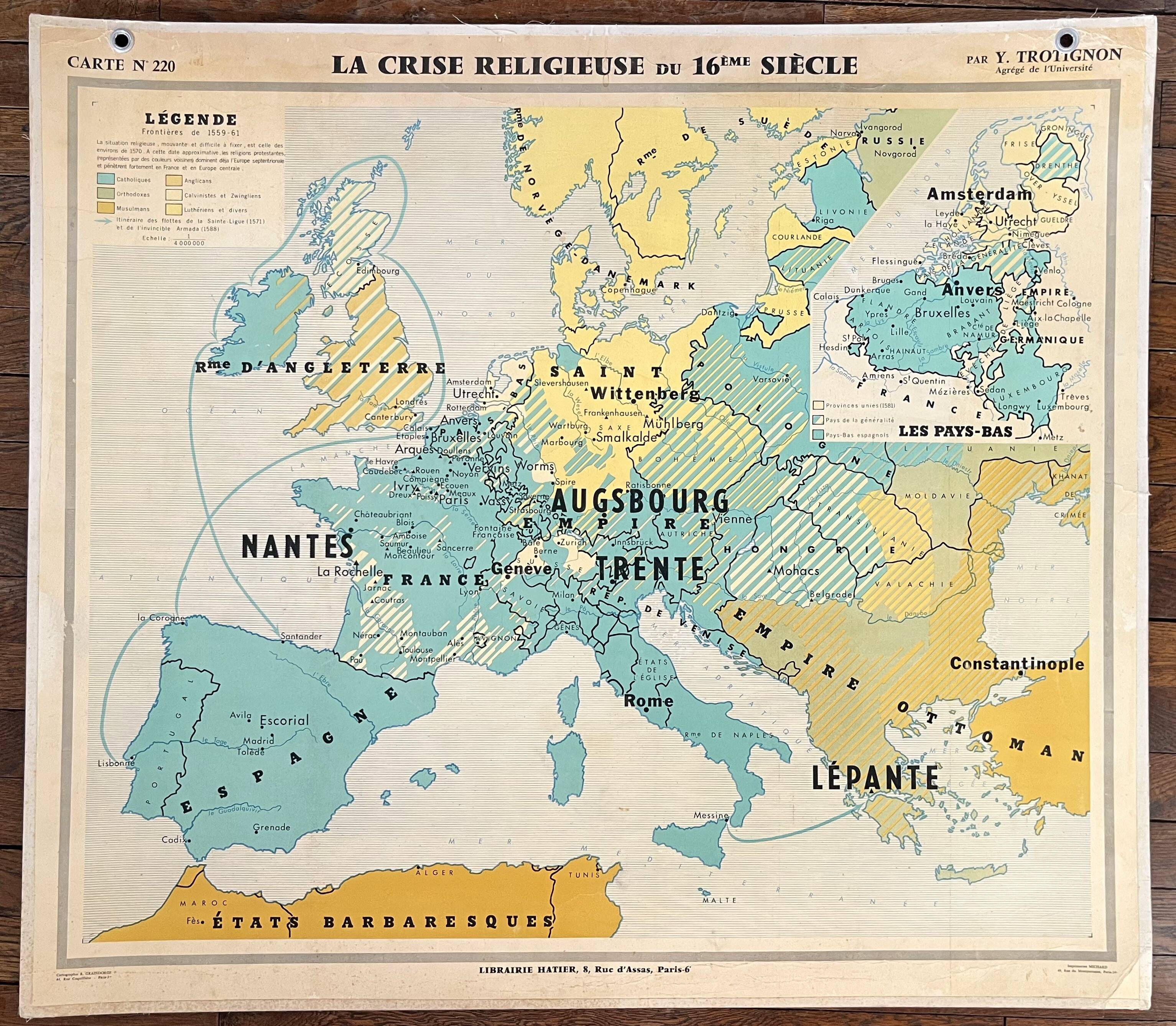 Old Hatier Trotignon map 220-21, 1950 Europe 16th 17th Renaissance