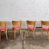 Lot of 4 baumann chairs bistrot parisian barter beech wood and red skaï