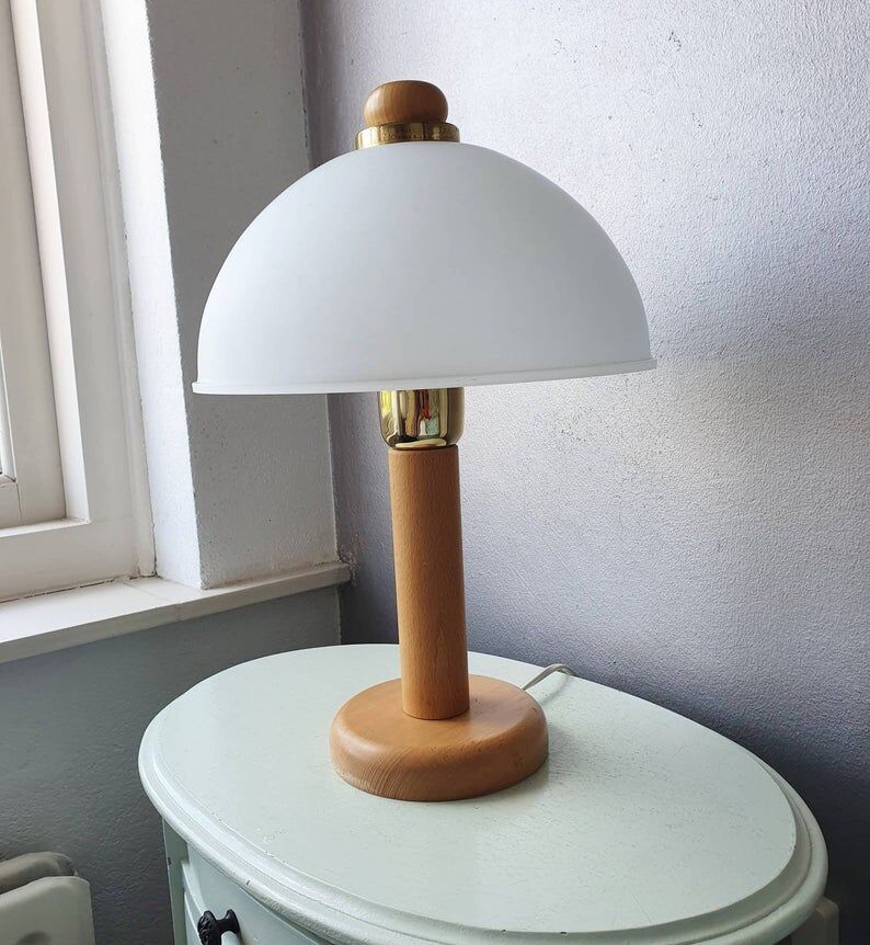 Vintage wooden table lamp with 1980 glass lampshade