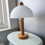 Vintage wooden table lamp with 1980 glass lampshade