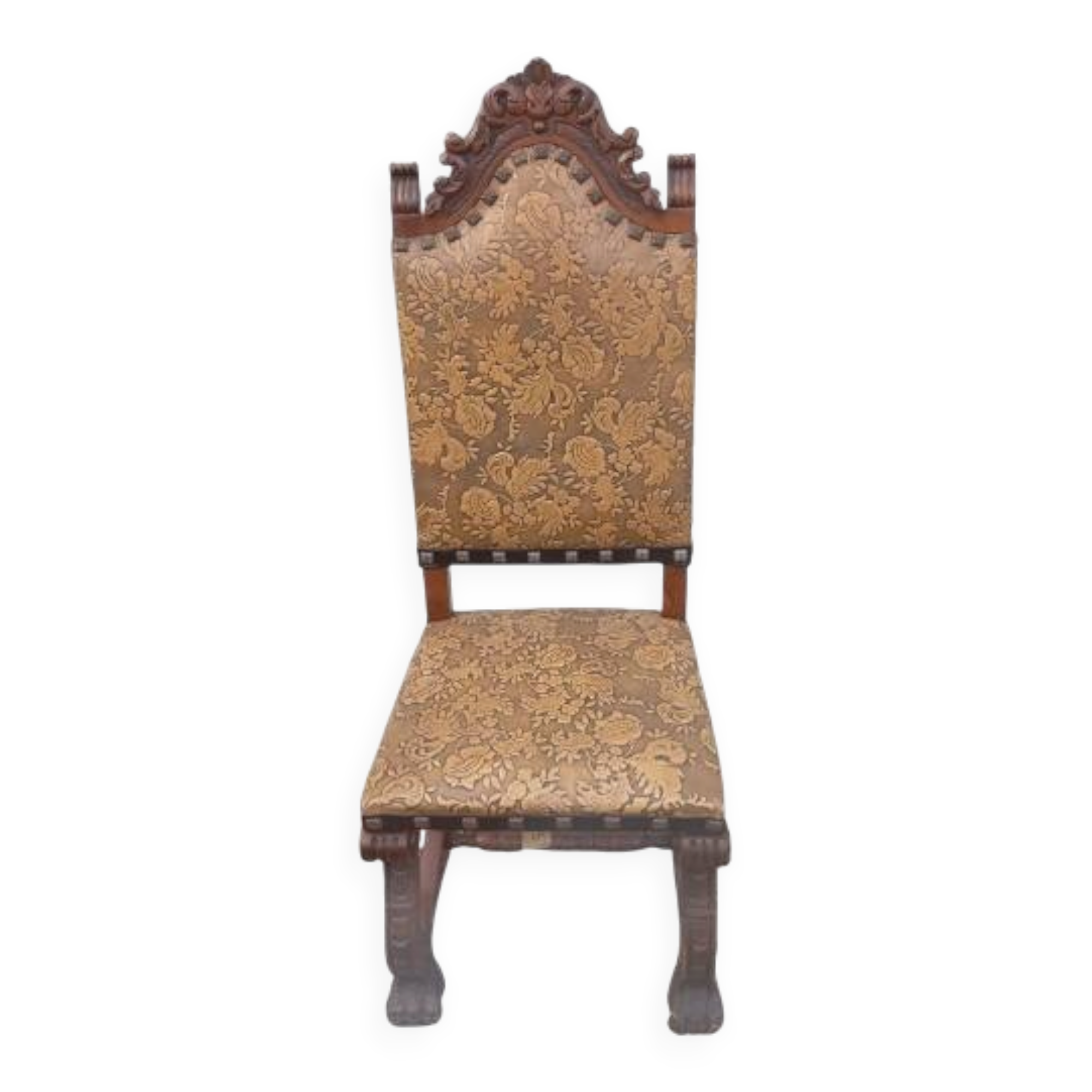 Set of 4 Spanish Renaissance chairs from the 19th century - carved wood with waffle leather.