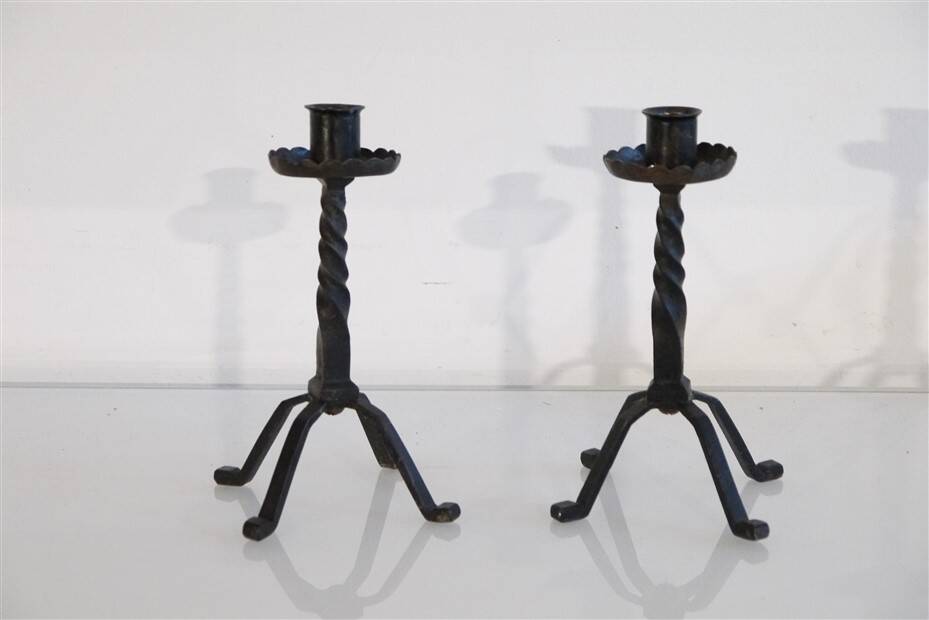 Pair of brutalist hammered iron candlesticks 1960