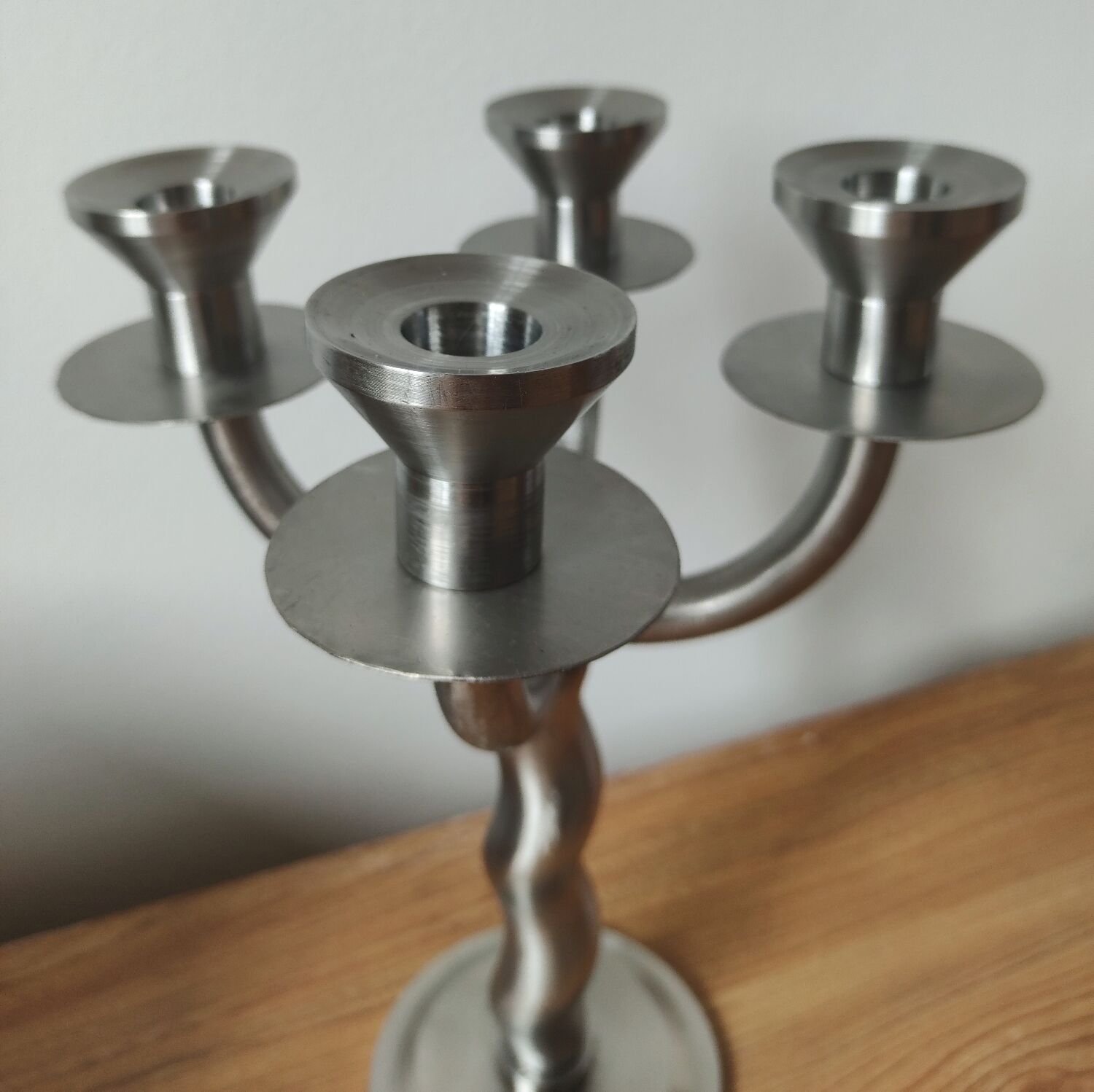 Vintage brutalist chandelier with 4 lights in brushed metal.