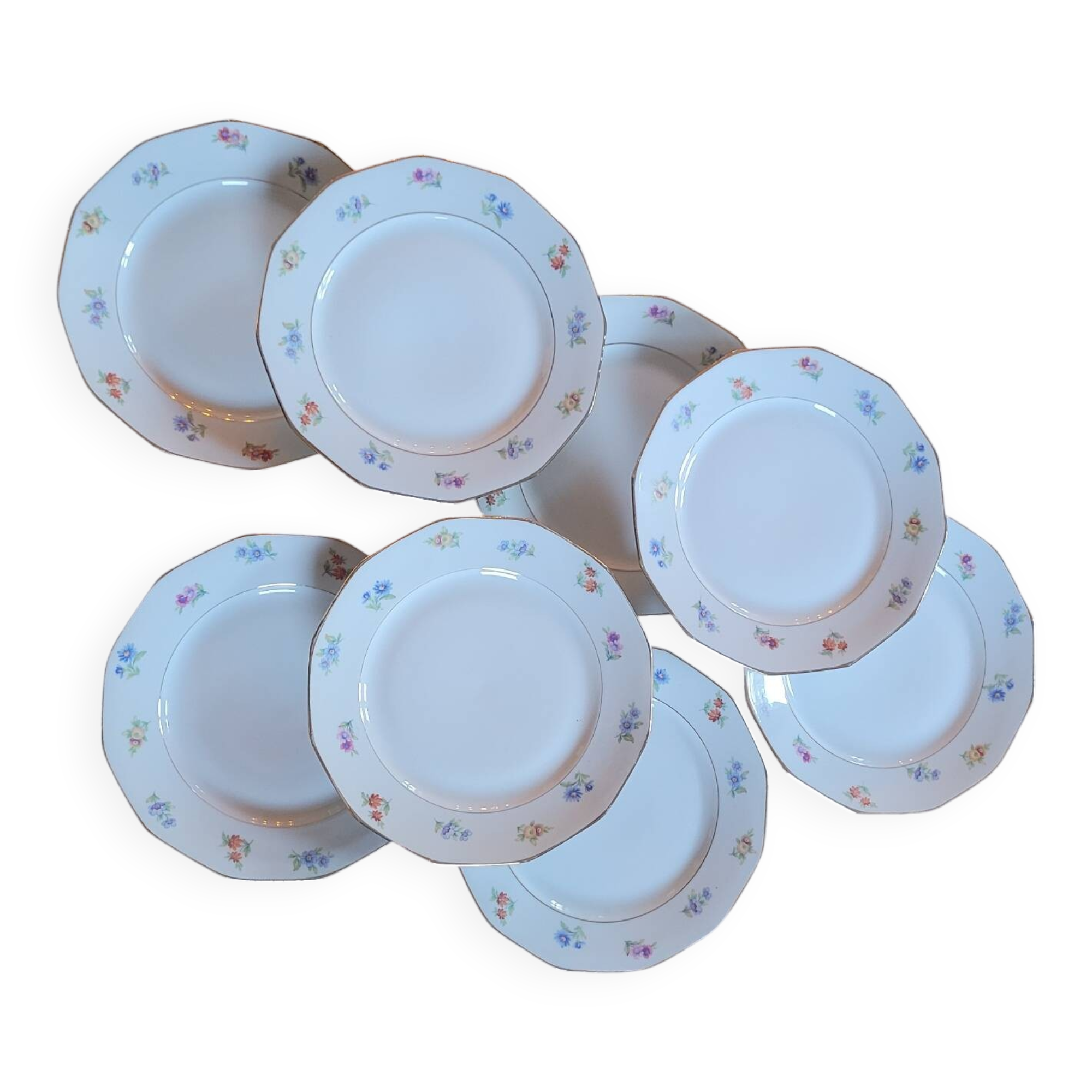 8 porcelain dessert plates with gold rim and various flowers