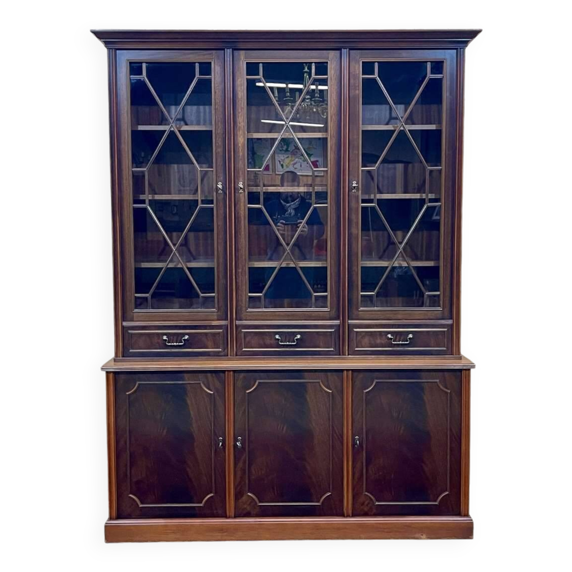 English two-piece mahogany bookcase, made in the 1970s