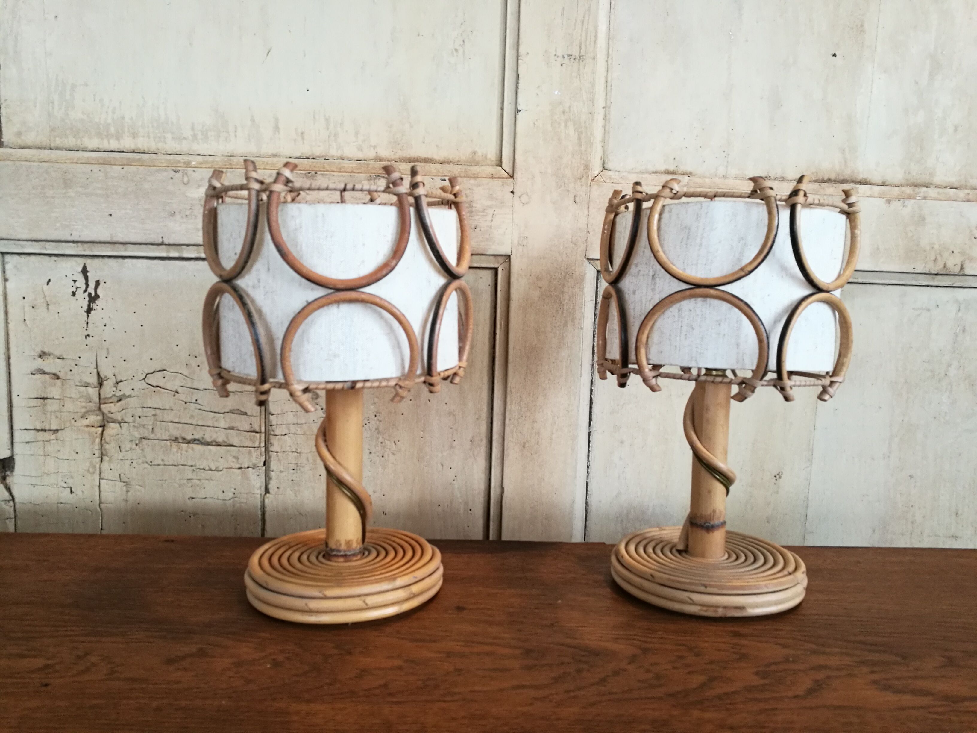 Pair of rattan bedside lamps