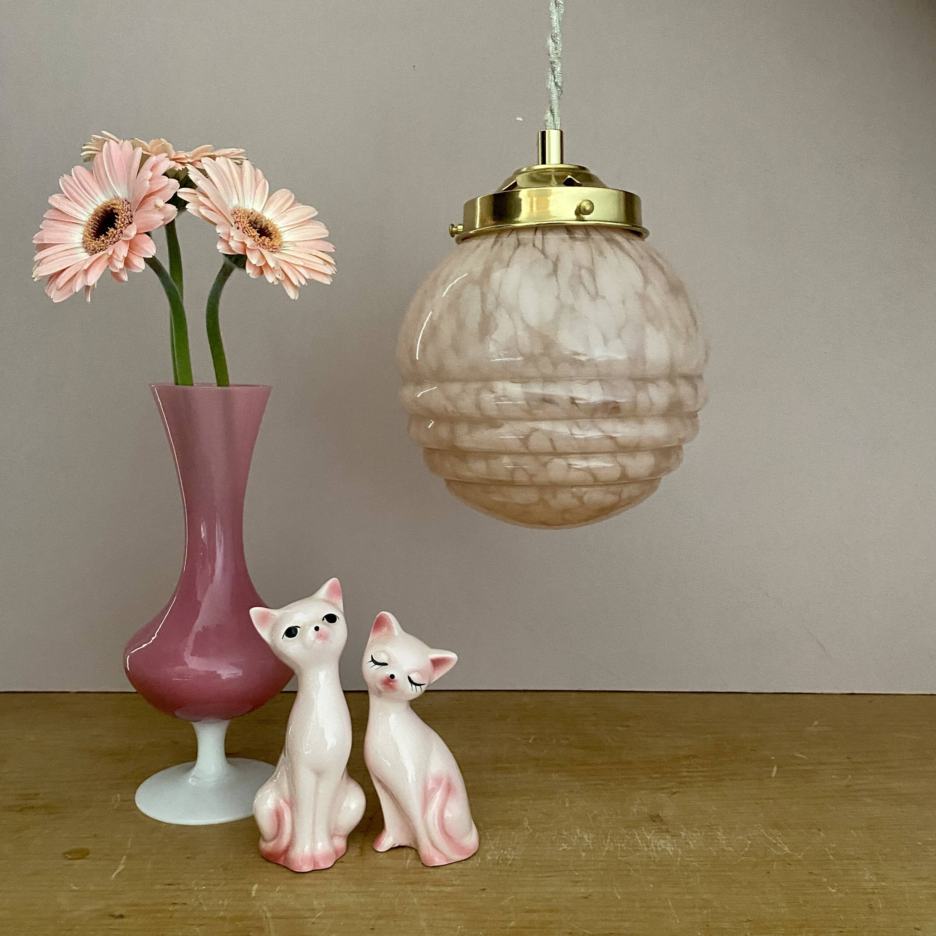 Vintage art deco globe pendant light in pink and gold Clichy glass