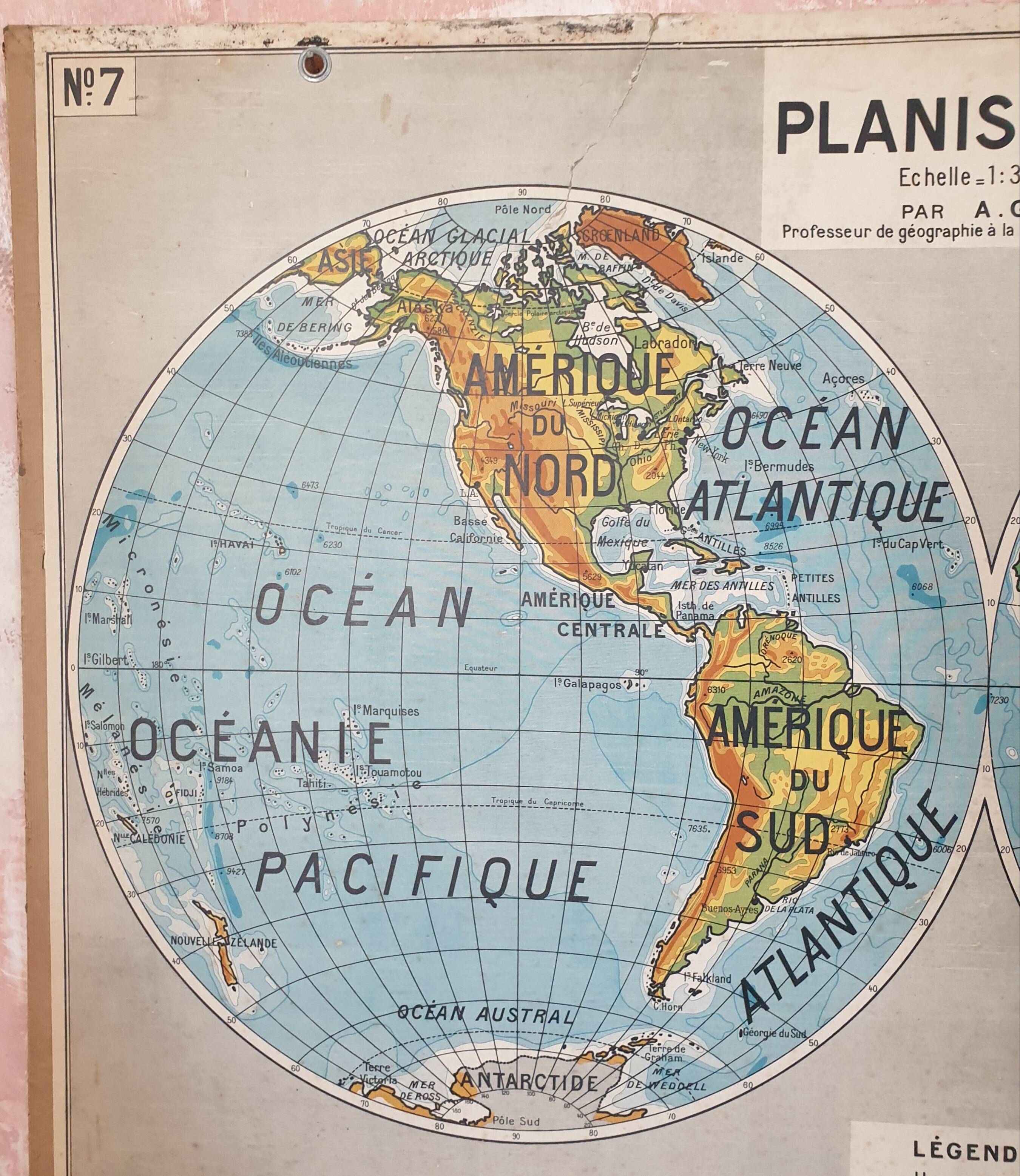 Ancienne carte scolaire Delagrave Gibert 7, 1930 - Planisphère, mappemon