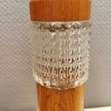 Swedish table lamps made of teak wood and hard pressed crystal glass.