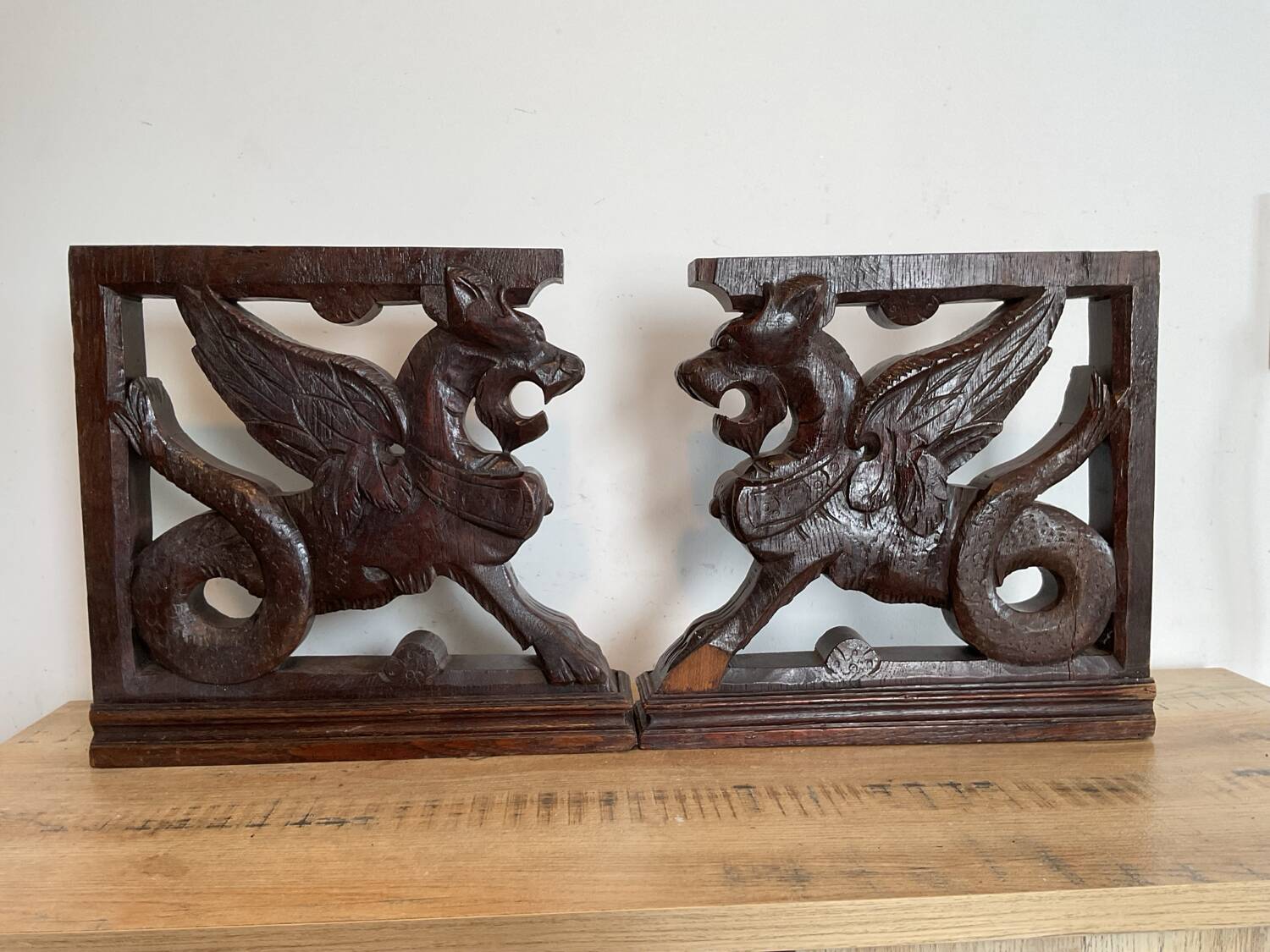 Pair of wooden sculptures, Winged Griffins — 19th century