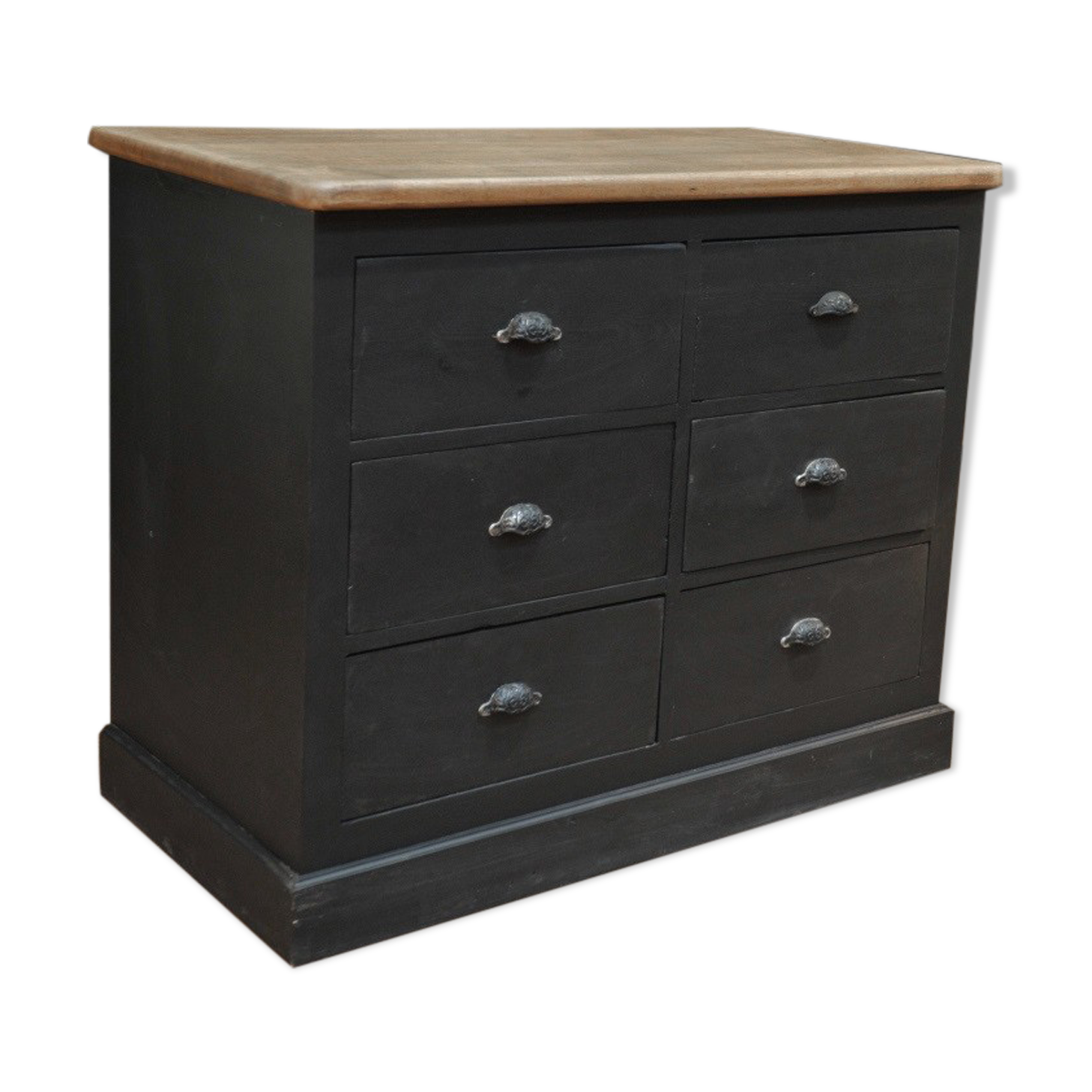 Old commerce stocking furniture has 6 black patinated fir drawers solid oak tray 1930