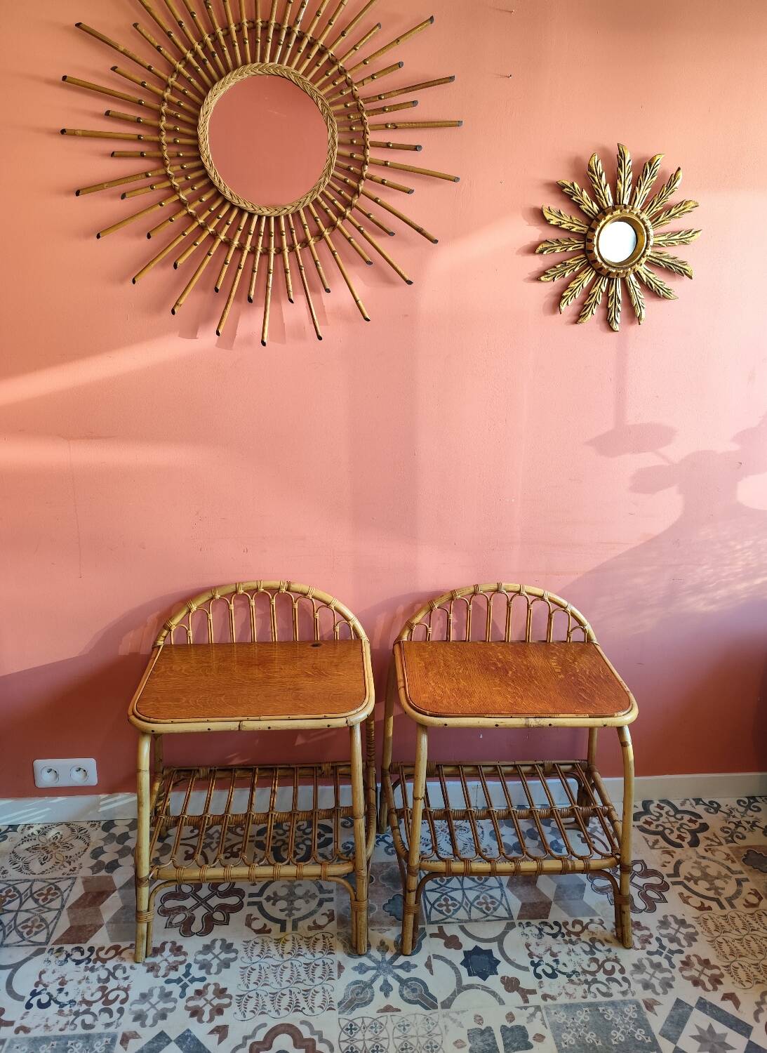Vintage rattan bedside tables