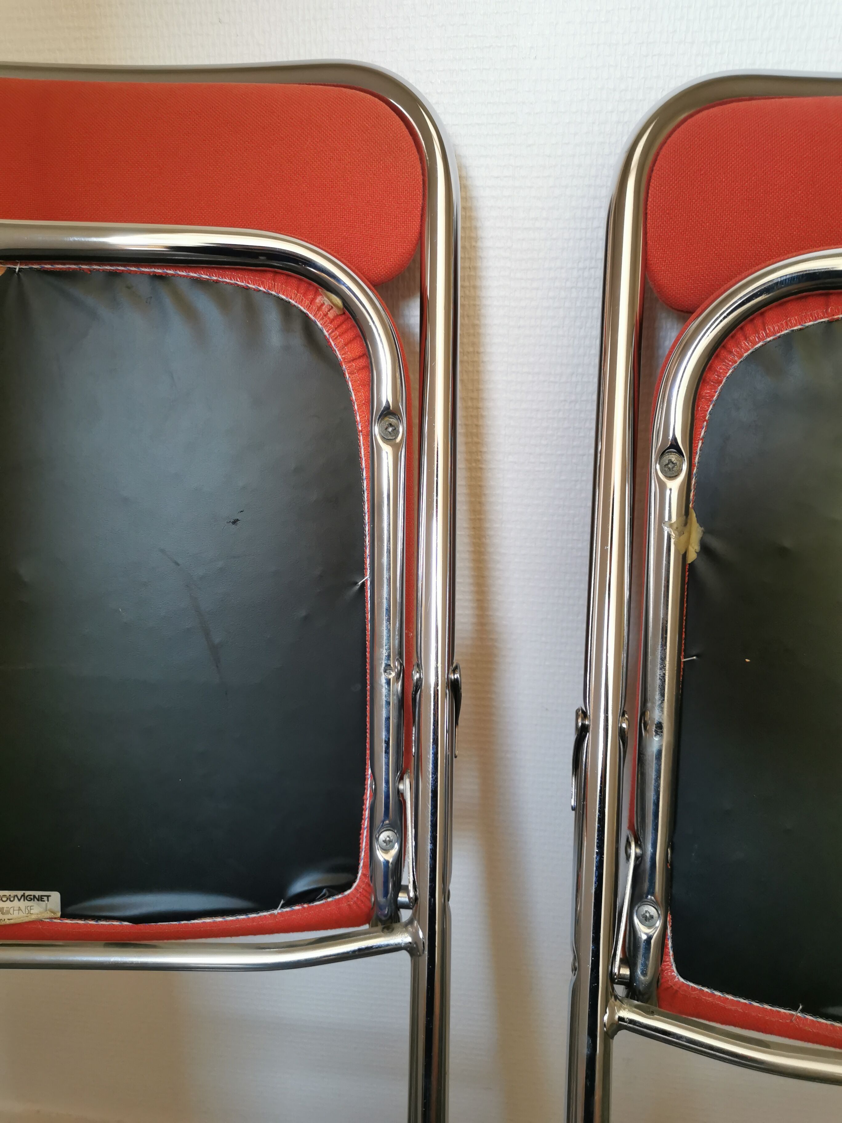 4 red and chrome folding chairs, Plichaise by Souvignet, France, 1970