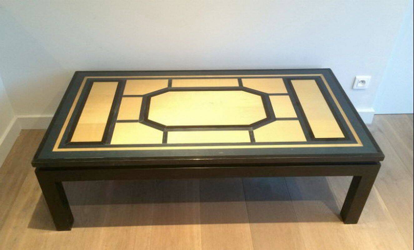 Beautiful coffee table lacquered in black, eggshell and blue