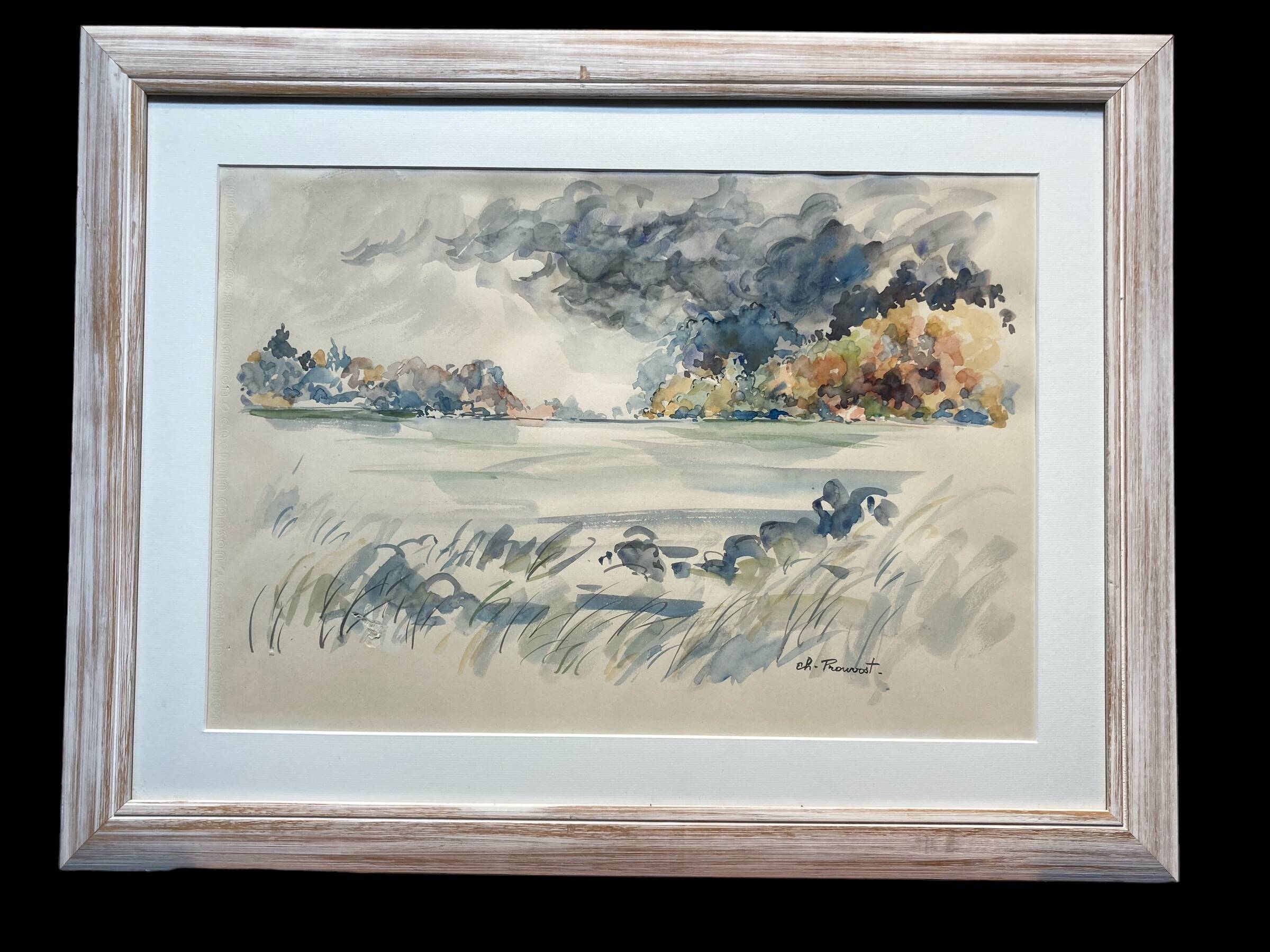 Watercolor of a landscape, signed CH. Prouvost