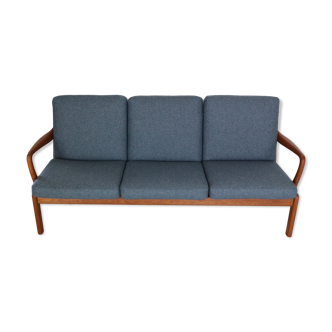 L. olsen& son newly reupholstered blue & teak 3- seater sofa, 1960, denmark
