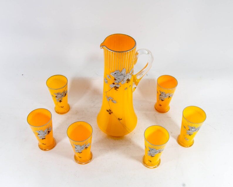 Art Nouveau lemonade service pitcher and 6 hand-painted glasses in bohemian glass early 20th century