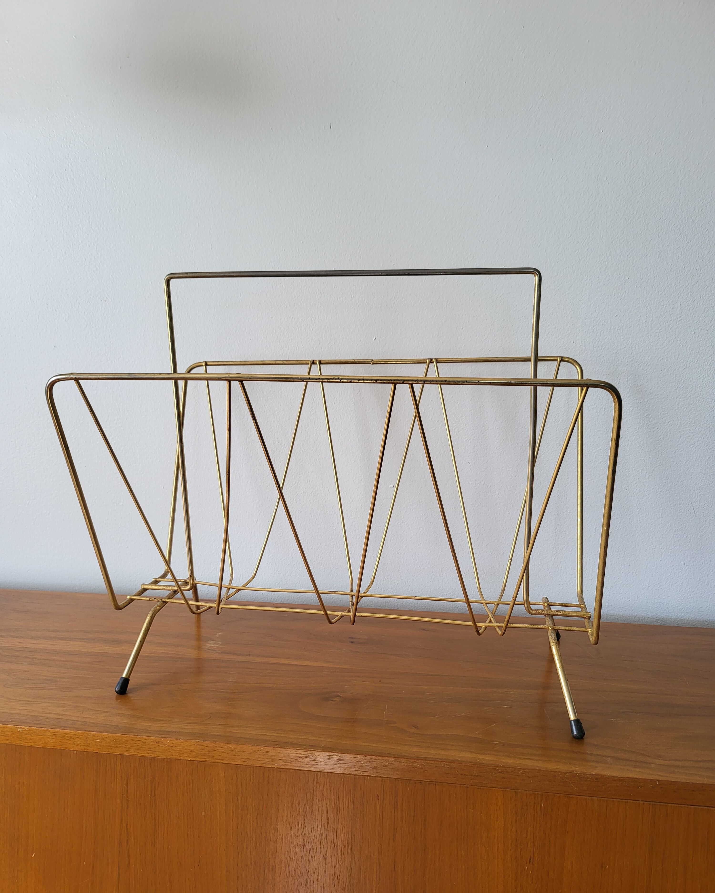 Vintage gold metal magazine rack 1950s-70s newspaper holder