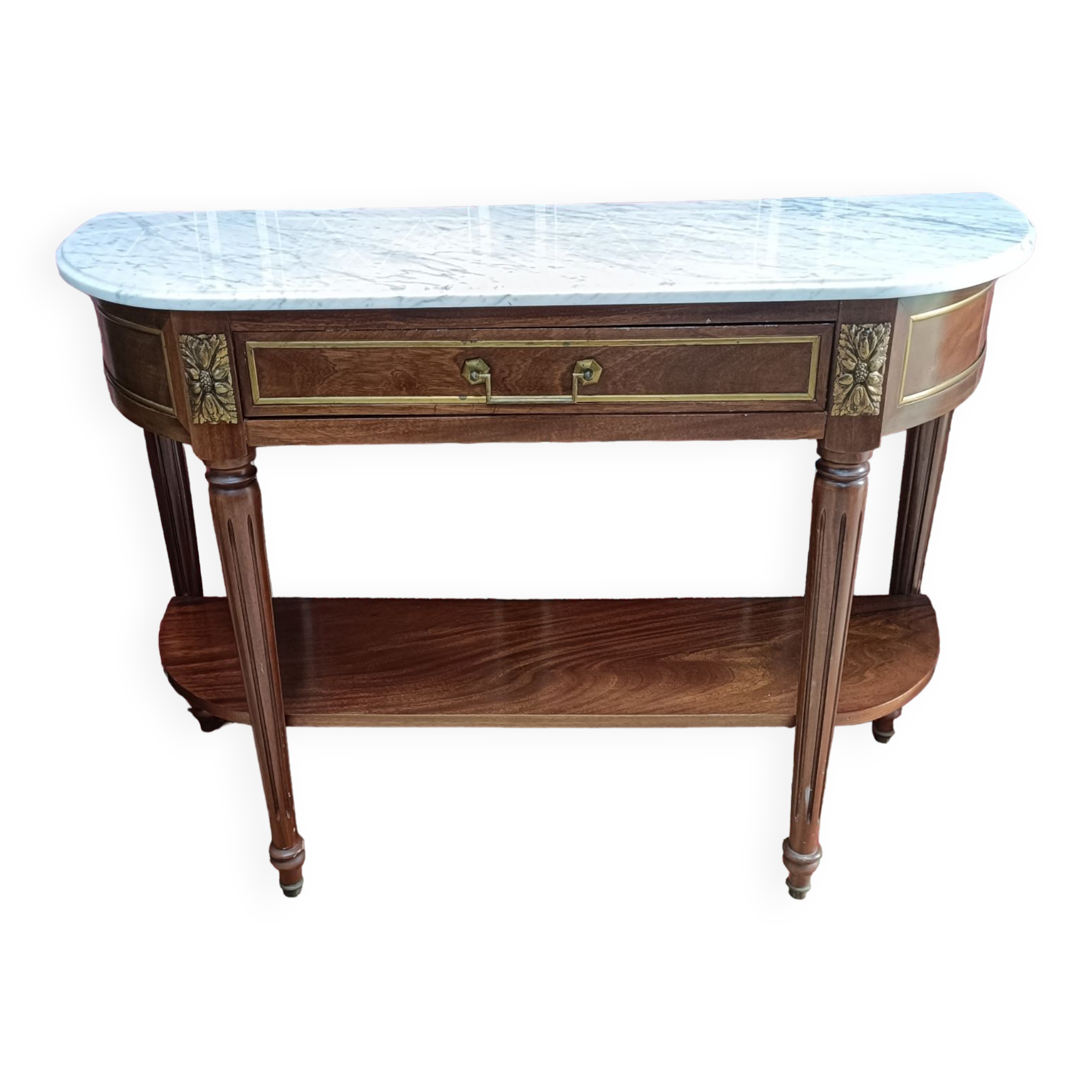 Louis XVI style half-moon console with veined white marble and drawer