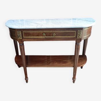 Louis XVI style half-moon console with veined white marble and drawer