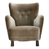 1960s, Danish armchair, green furniture velour, oak wood legs.