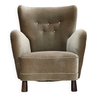 1960s, Danish armchair, green furniture velour, oak wood legs.