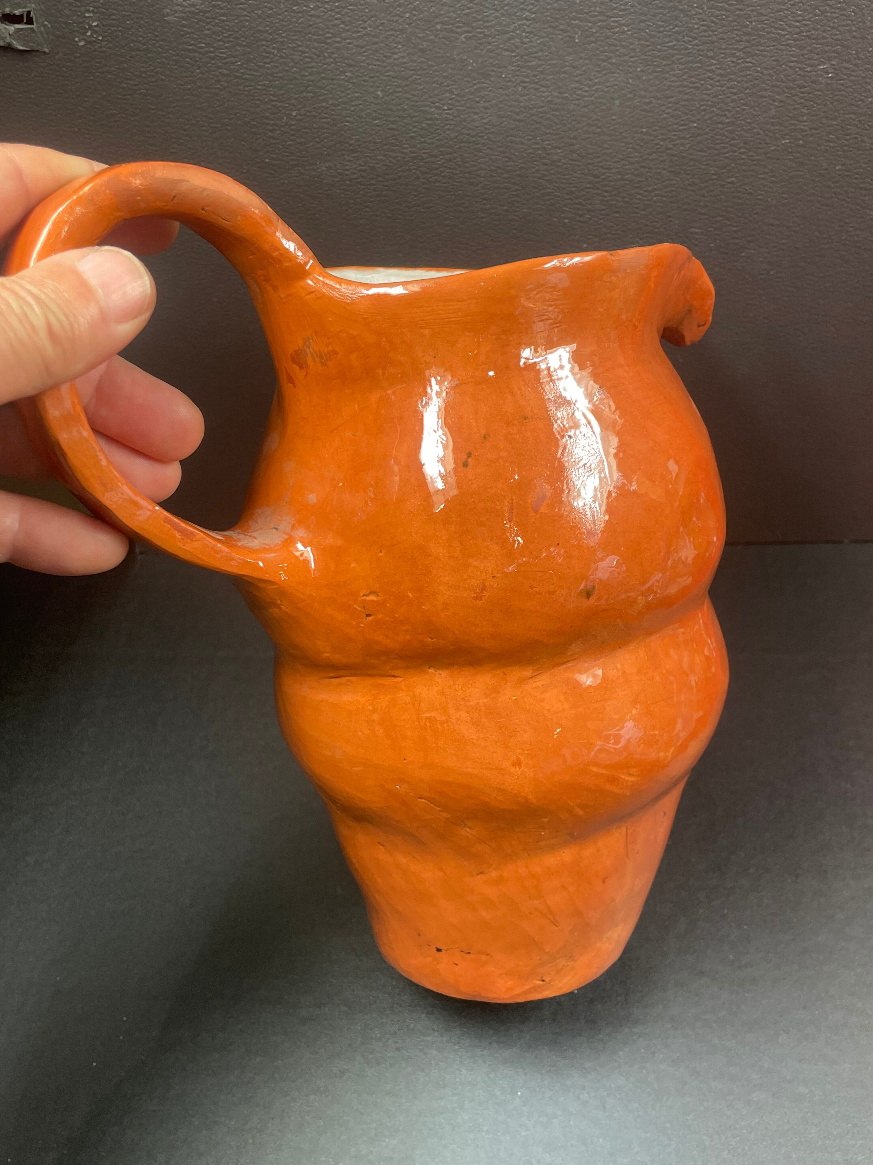 Unusual Pitcher Ceramic in stoneware or glazed earth Signed EL
