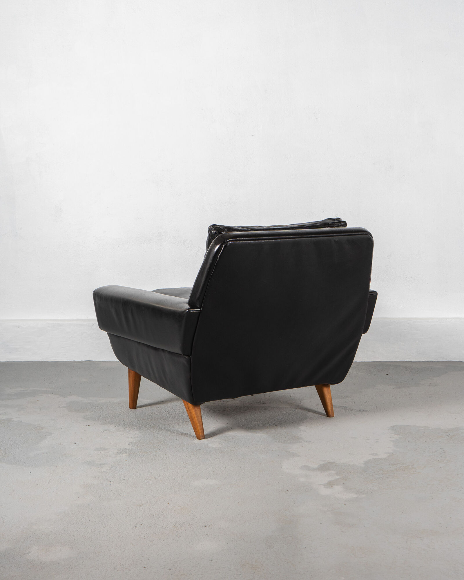Mid Century Black Leather and Teak Scandinavian Armchair, Denmark, circa 1970