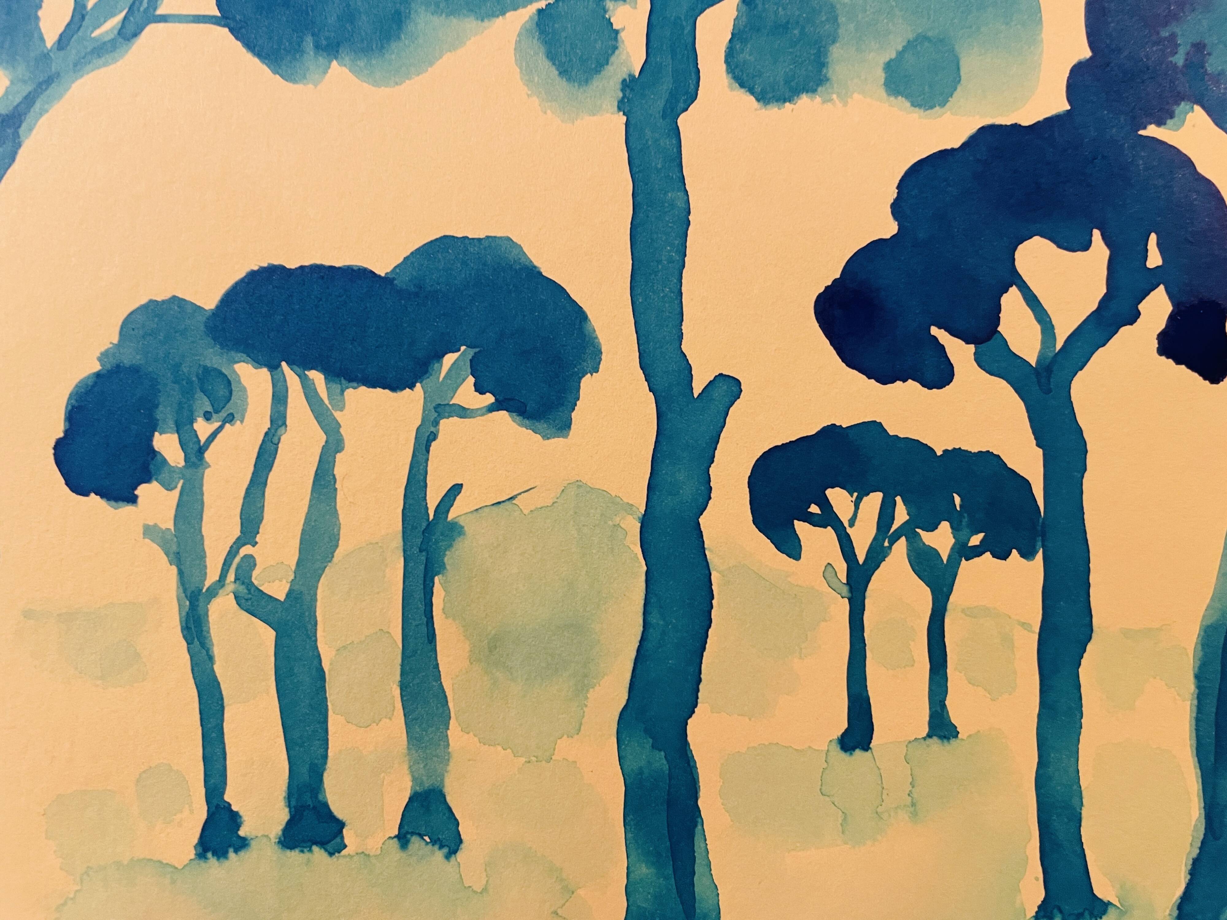 Tableau signé aquarelle coucher de soleil sur le Mont Ventoux Provence