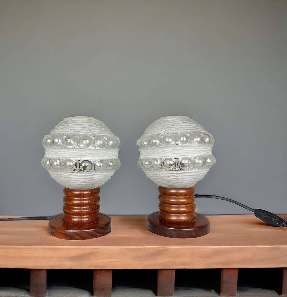 Pair Portuguese mid century wooden  table lamps