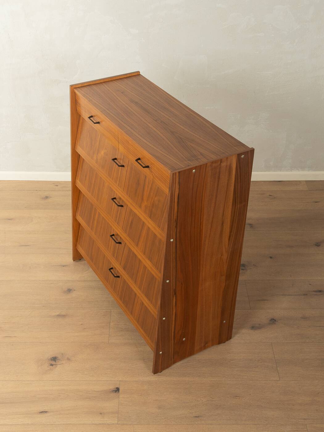 Classic shoe cabinet from the 1960s, walnut veneer, four drop-down doors, two drawers