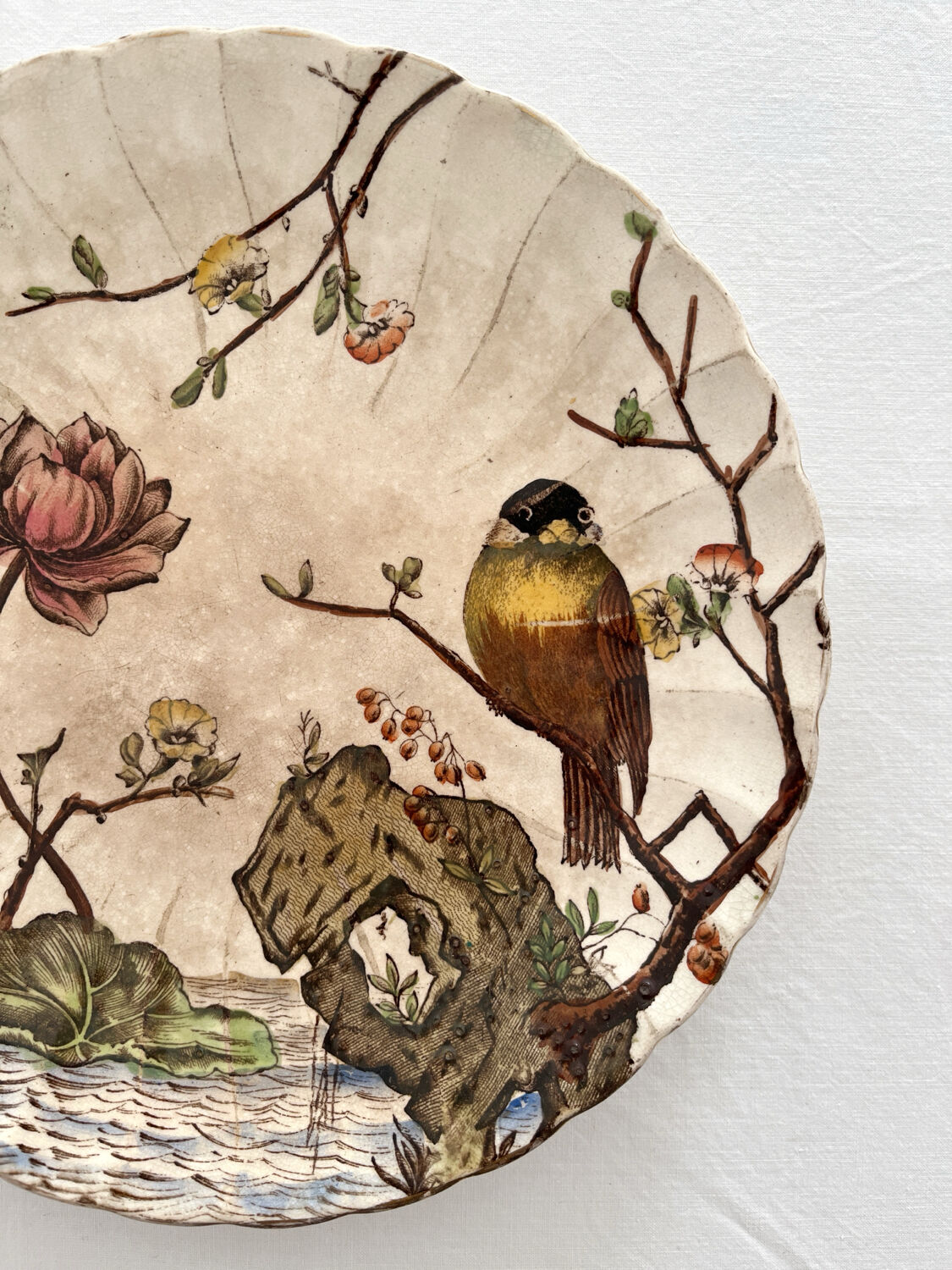 Antique polychrome ironstone plate with bird motif "Aquatic" SF&co