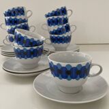 Service of 11 Coffee Cups and Saucers - 70s Design - White and Blue Porcelain