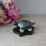 Miniature box in the shape of turtle cloisonné email on wooden base